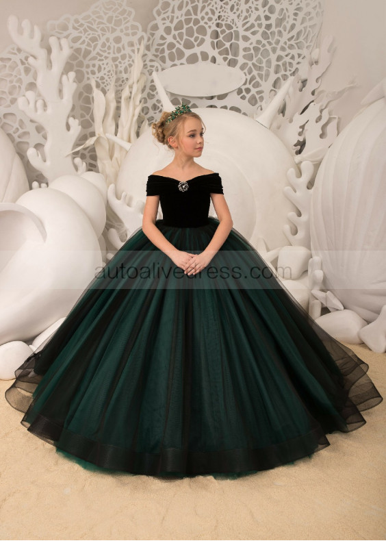 Off Shoulder Black And Green Velvet Tulle Formal Flower Girl Dress Off Shoulder Black And Green Velvet Tulle Formal Flower Girl Dress